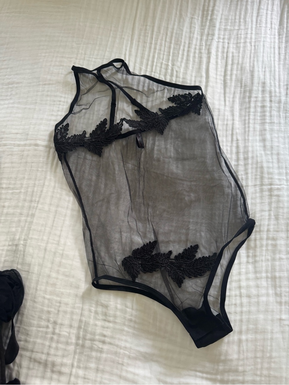 Bluebella Black Sheer Mesh Bodysuit with Appliqués